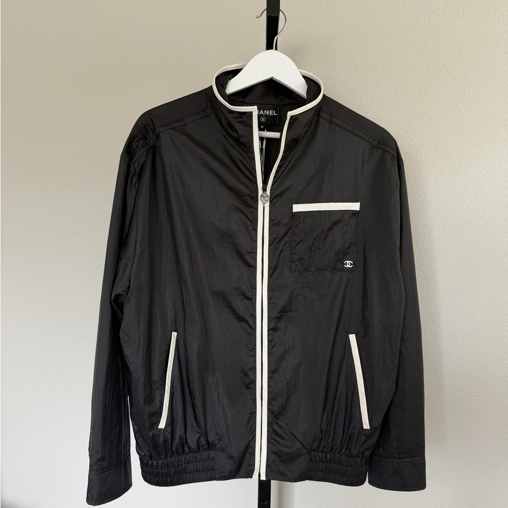 Chanel 26m Black Lightweight Track Jacket with White Trim